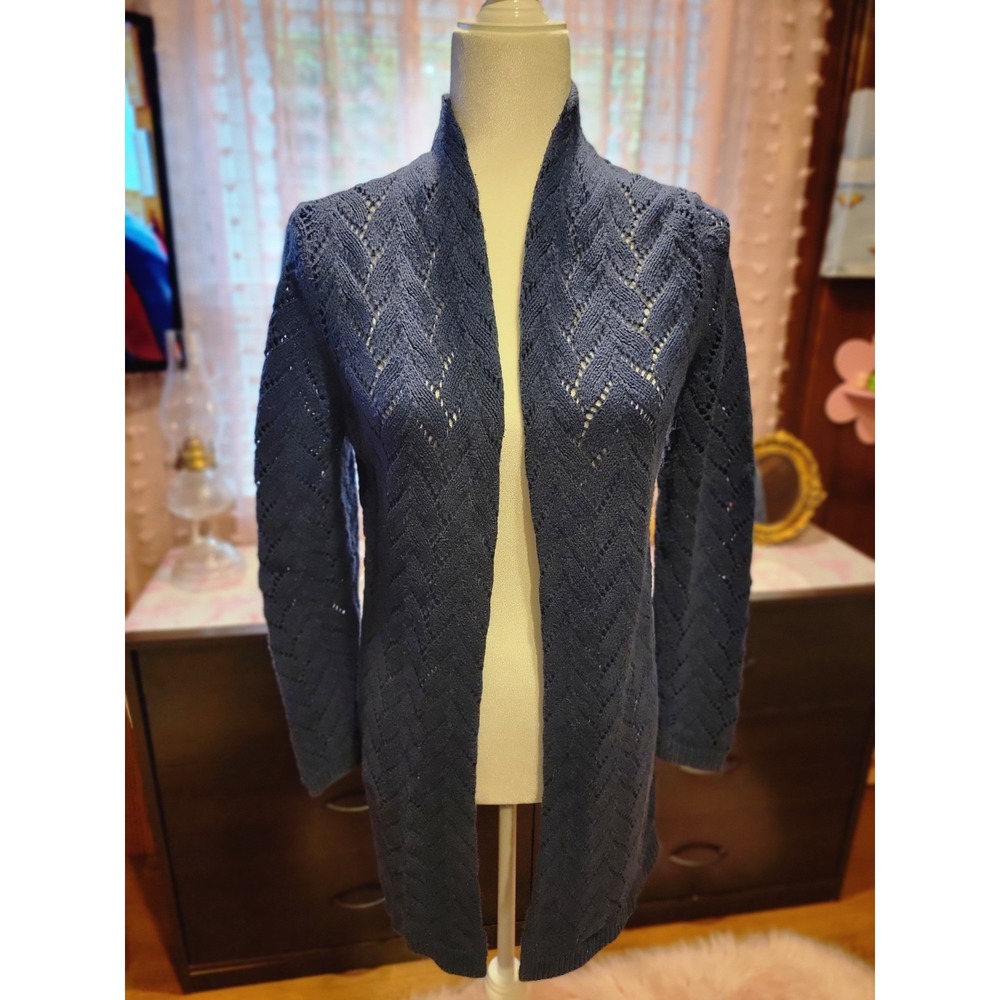 Leo & Nicole Women's Sweater Blue Cotton, Open Front, Size Small
